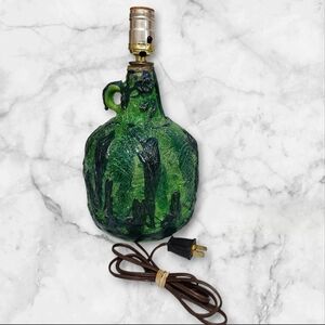 Vintage Mid Century Green Pottery Jug Table Lamp MCM Folk Art Textured Ceramic
